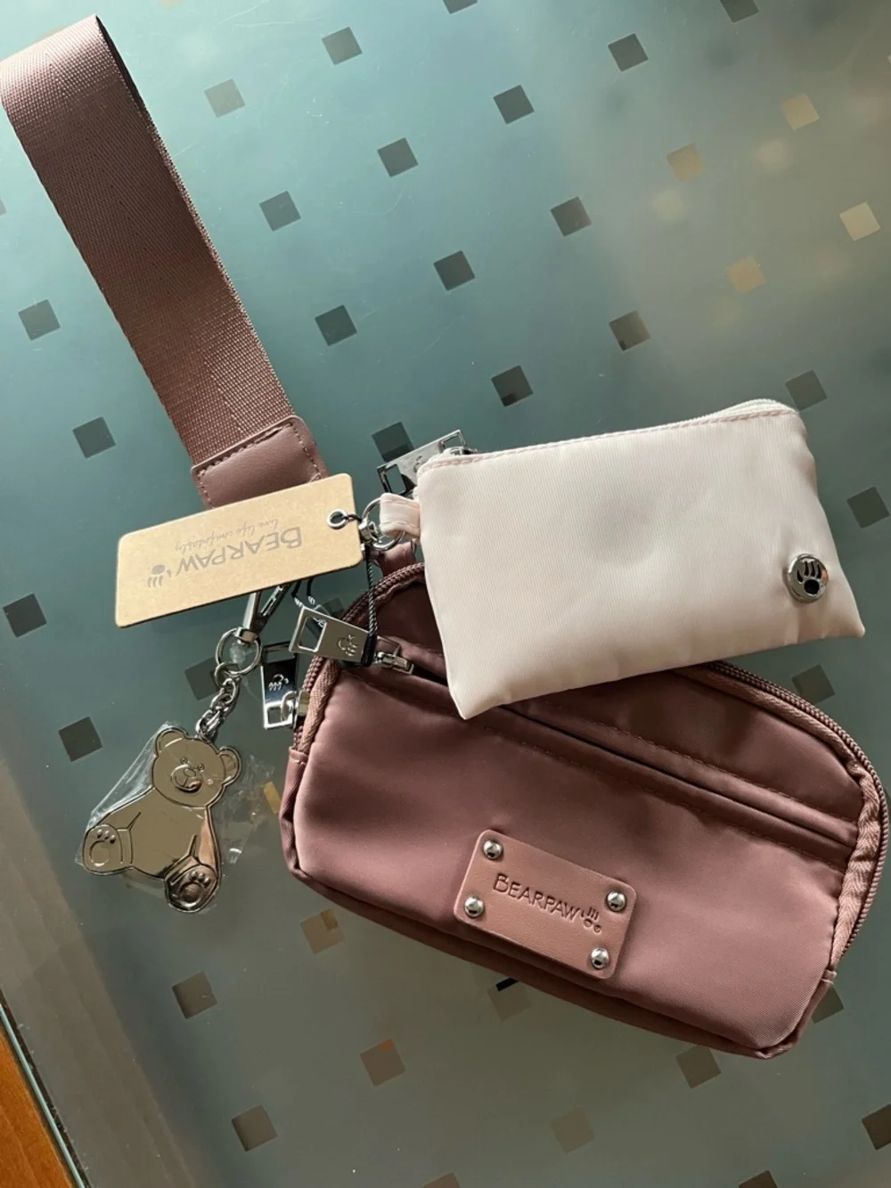 BearPaw Medium Brown Wristlet with Cream Detachable Coin Pouch & bearcharm - Picture 1 of 4
